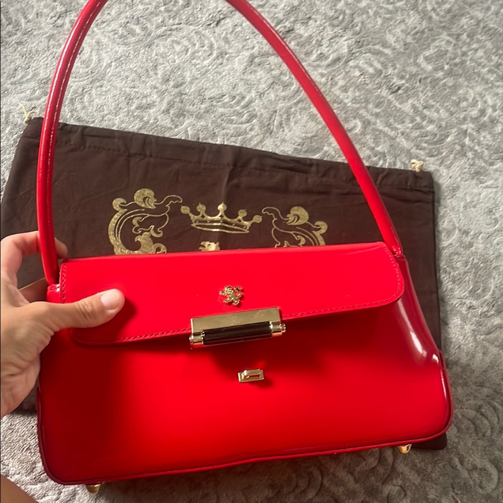 Vibrant Red Leather Shoulder Bag with Gold Hardware